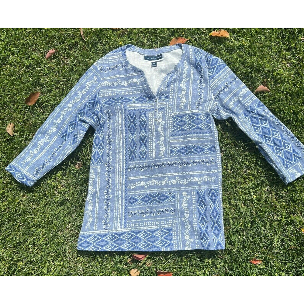 Karen Scott Women's Petite Medium V-Neck 3/4 Sleeve Blue Floral Tribal Print Top